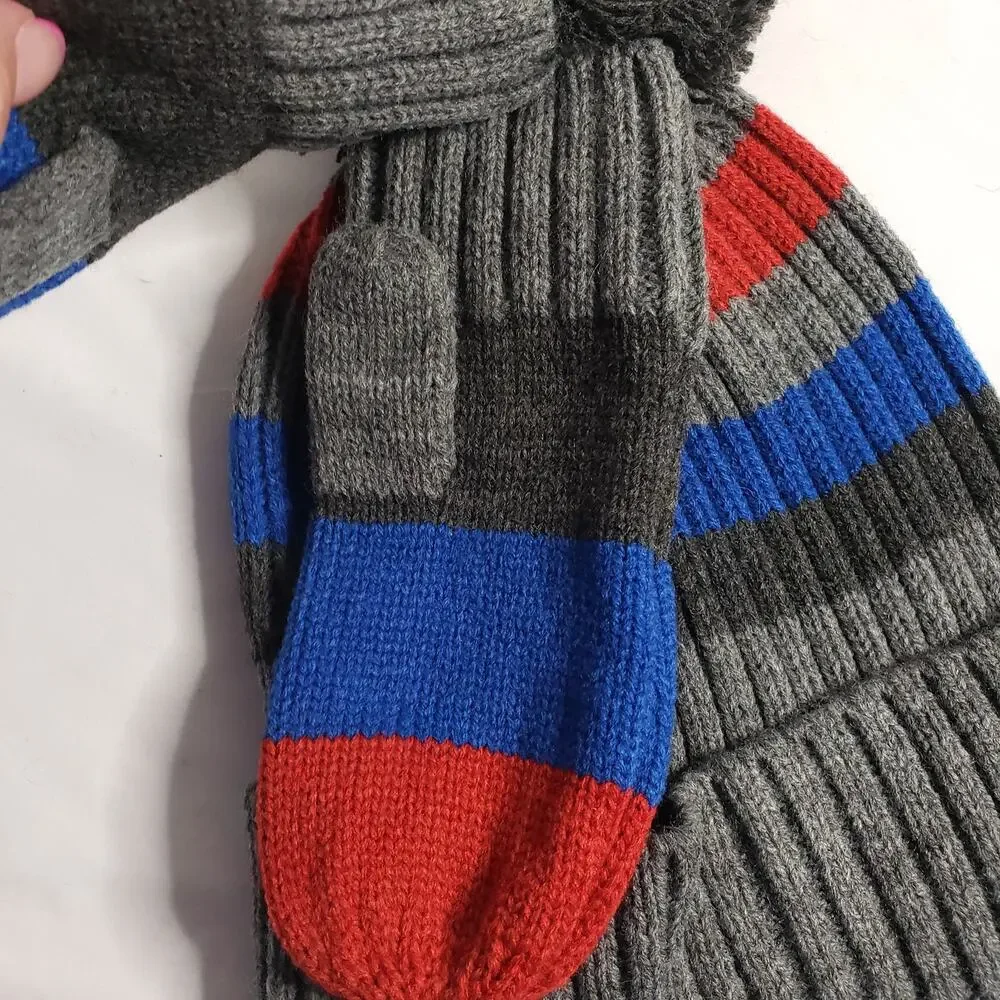 West Loop Kids One‎ Size Winter Hat & Glove Set Gray Blue Red Stripe Neutral New
